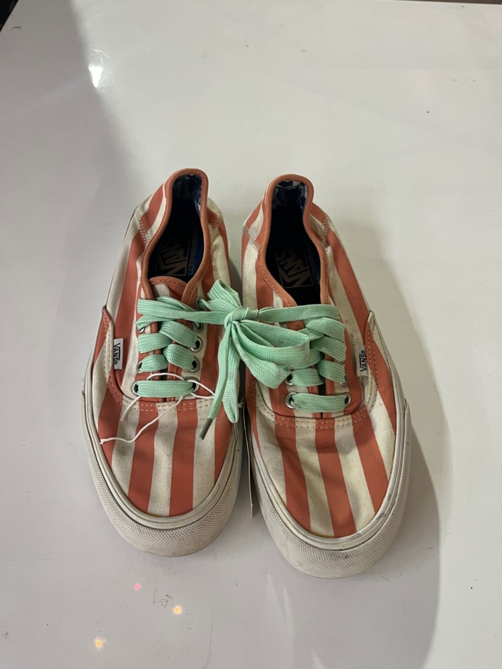 Vans Coral and Cream Striped Low-Top Sneakers with Mint Laces